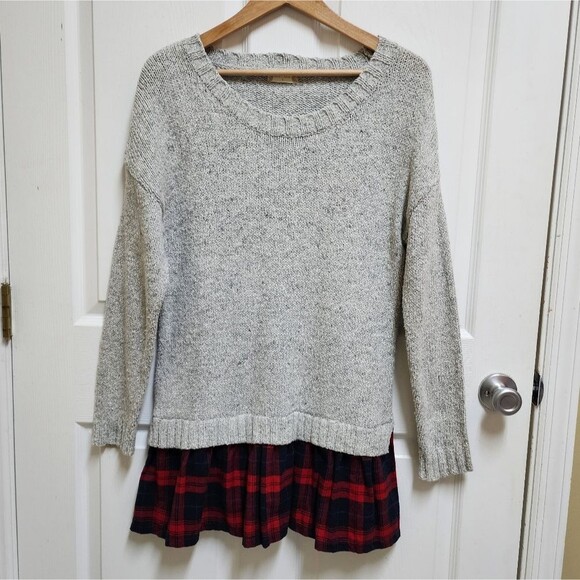 Altar'd State Sweater Women Sz S Gray Knit Red Plaid Peplum Layered Tunic Preppy - Picture 1 of 9